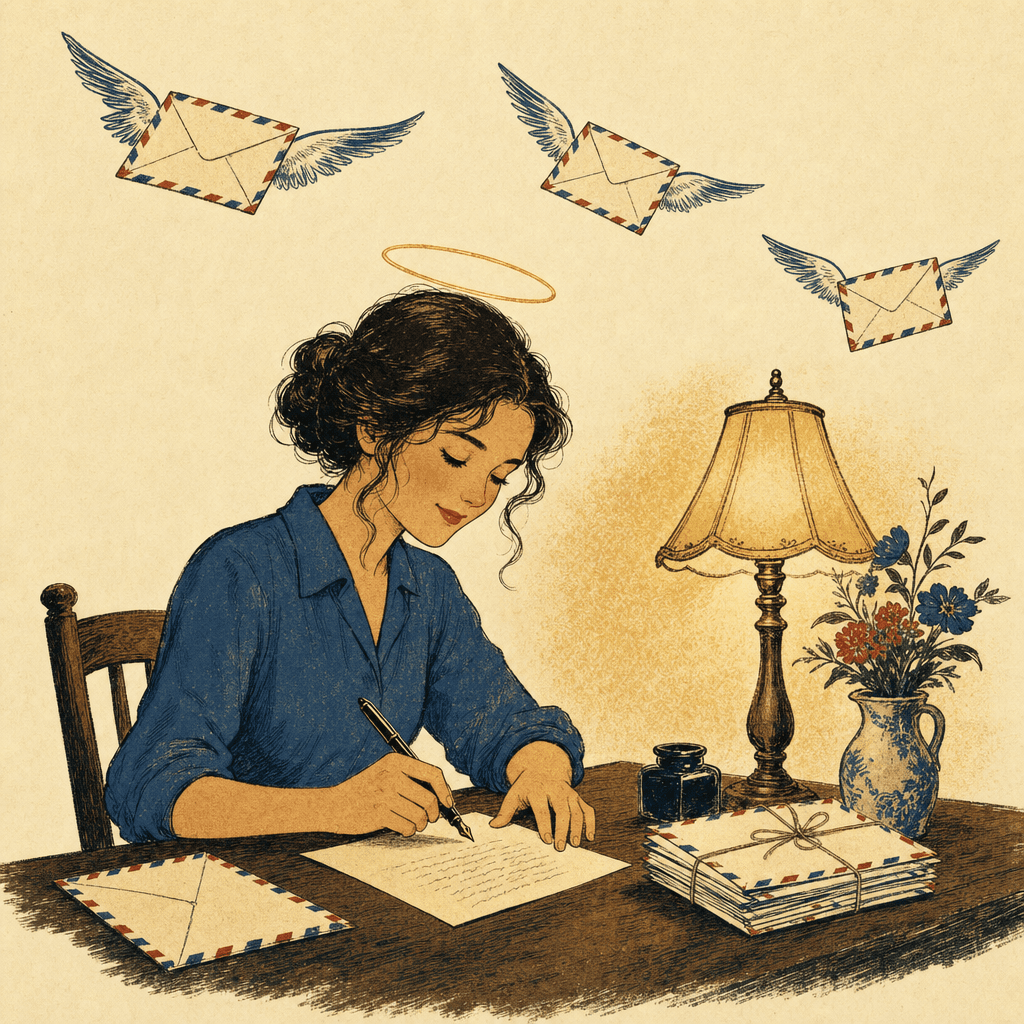 Illustration of Juni writing letters at her desk as winged airmail envelopes fly past